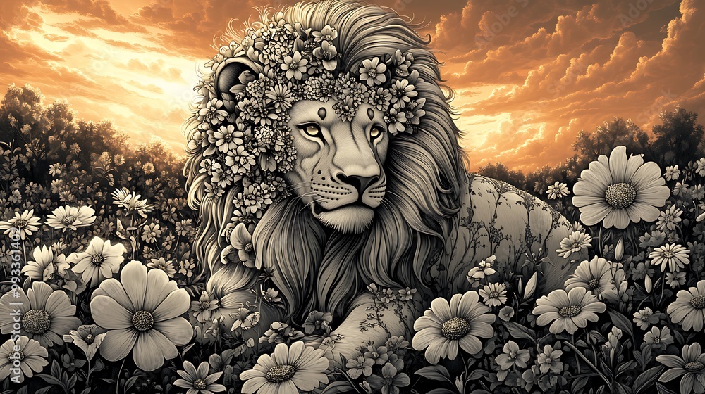 Fototapeta premium A lion with a mane of intricate floral designs, standing tall in an enchanted meadow filled with flowers. The background is a vibrant sky at sunset, casting a warm glow on the lion's floral mane.