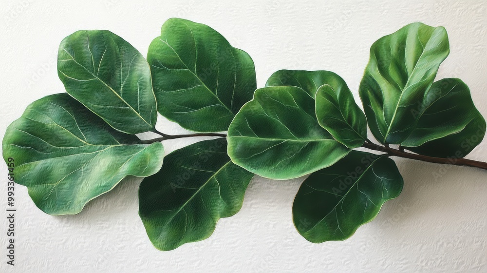 Elegant Fiddle-Leaf Fig leaves painted in a soft, botanical study on a pristine, white surface Elegant Fiddle-Leaf Fig leaves painted in a soft, botanical study on a pristine, white surface