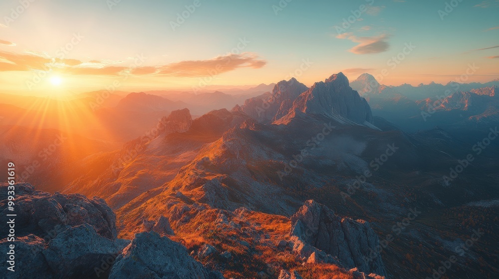 Fototapeta premium Panoramic view of mountain range during autumn sunrise