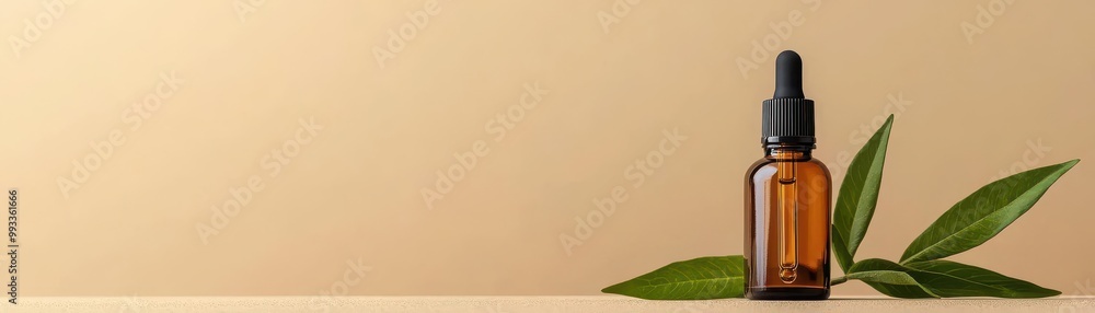 Elegant amber glass bottle with dropper surrounded by green leaves on a soft background, perfect for wellness and beauty themes. Elegant amber glass bottle with dropper surrounded by green leaves on a soft background, perfect for wellness and beauty themes.