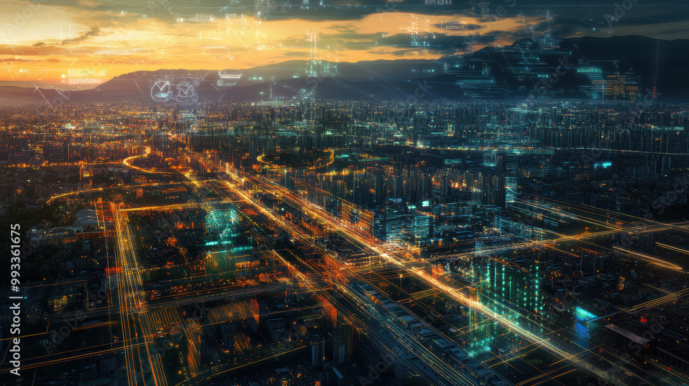 Obraz premium stunning aerial view of modern cityscape illuminated by vibrant lights, showcasing advanced digital platforms and urban infrastructure. sunset casts warm glow over bustling metropolis, highlighting