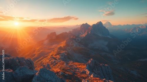 Panoramic view of mountain range during autumn sunrise