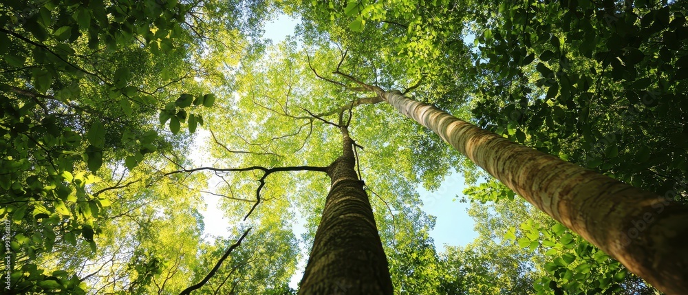 Fototapeta premium A breathtaking view of tall trees reaching towards the sky, surrounded by vibrant green foliage and dappled sunlight filtering through the leaves.