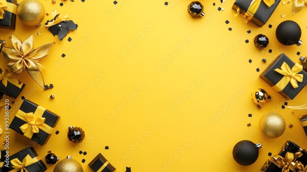 Fototapeta premium Festive Yellow and Black Christmas Background.