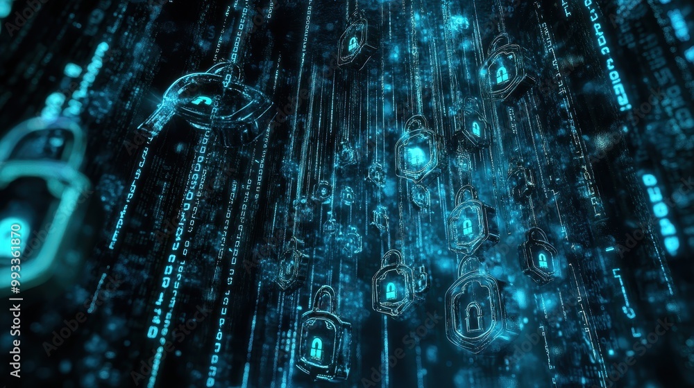 Naklejka premium Abstract Digital Security Concept with Glowing Padlocks and Binary Code.
