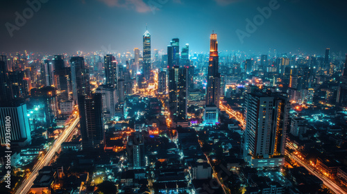 Wallpaper Mural stunning cityscape at night, showcasing vibrant skyline filled with modern skyscrapers and illuminated streets. blend of lights creates captivating urban atmosphere Torontodigital.ca