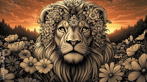 A lion with a mane of intricate floral designs, standing tall in an enchanted meadow filled with flowers. The background is a vibrant sky at sunset, casting a warm glow on the lion's floral mane.