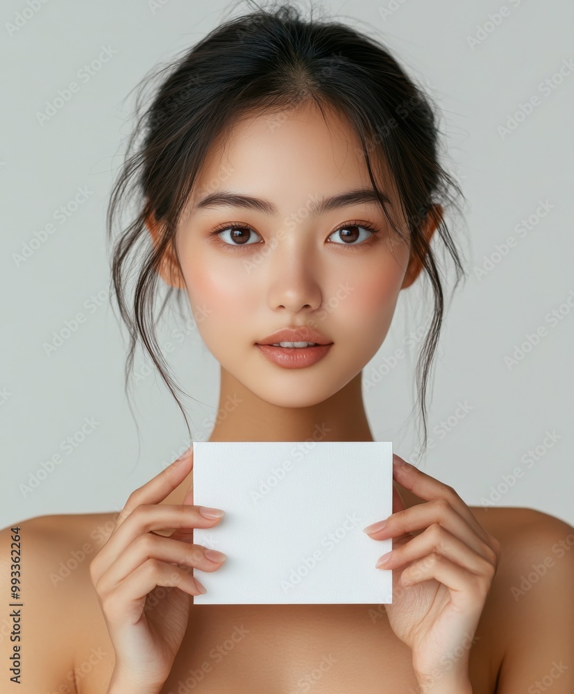 Asian woman holding a blank white box in both hands, minimalist clean backdrop Asian woman holding a blank white box in both hands, minimalist clean backdrop