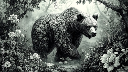 A majestic bear with intricate fur details walking slowly through a misty forest. The mist clings to the trees and undergrowth, creating an ethereal atmosphere, photo