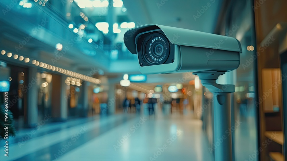 Close-up of a CCTV camera mounted in a brightly lit shopping mall, with space for text. No people, clean and professional setting Close-up of a CCTV camera mounted in a brightly lit shopping mall, with space for text. No people, clean and professional setting