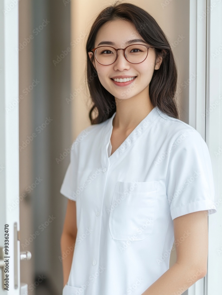 Asian woman wearing glasses in white nurse uniform, smiling and leaning against door, clinic in the background Asian woman wearing glasses in white nurse uniform, smiling and leaning against door, clinic in the background