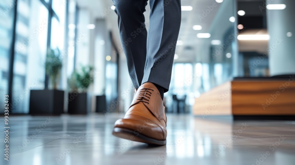 Fototapeta premium Close-up of a man's brown leather shoe in an office setting.