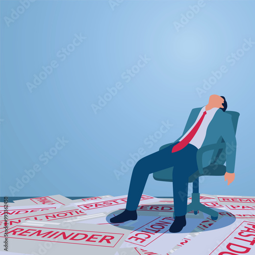 A man sits resignedly on a chair while the floor is scattered with piles of bills, an illustration of late bills, financial problems, budgeting failures, financial planning failures.