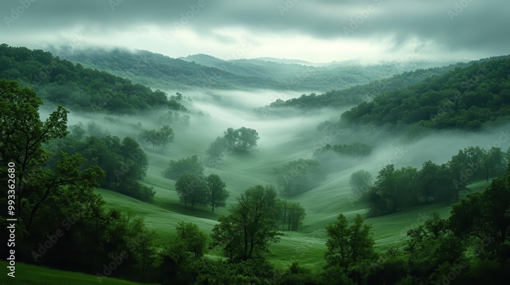 serene and peaceful rainy morning landscape with mistcovered hills soft light filtering through gray clouds evoking a sense of calm with lush greenery and distant trees serene and peaceful rainy morning landscape with mistcovered hills soft light filtering through gray clouds evoking a sense of calm with lush greenery and distant trees