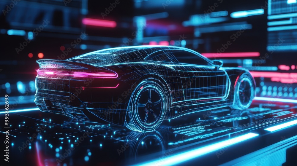 Futuristic Wireframe Car Concept in Neon Lights. Futuristic Wireframe Car Concept in Neon Lights.