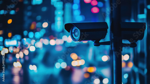 Surveillance cameras are prominently positioned in urban area, capturing vibrant nightlife and bustling streets illuminated by colorful lights. integration of technology enhances public safety photo