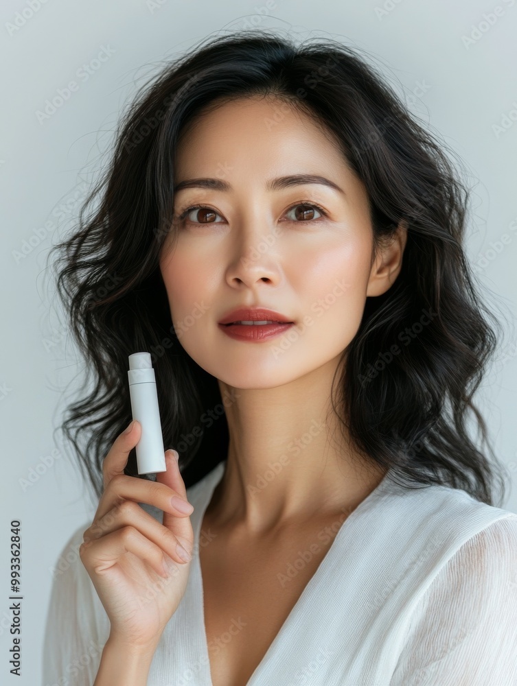 portrait of 40 years old Asian woman holding cosmetics tube near her cheek, white background portrait of 40 years old Asian woman holding cosmetics tube near her cheek, white background