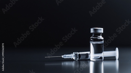 Vaccine vial and syringe on dark background with copy space