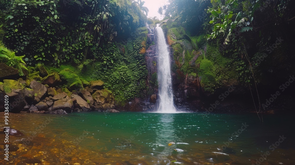 A stunning waterfall in a tropical rainforest cascades into a clear pool, enveloped by rich, lush vegetation. A stunning waterfall in a tropical rainforest cascades into a clear pool, enveloped by rich, lush vegetation.