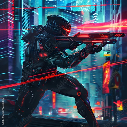 Futuristic Warrior in a Sleek, Black Combat Suit with Glowing Red Lines, Holding a Massive Laser Weapon, Ready for Battle in a Neon-Lit City photo