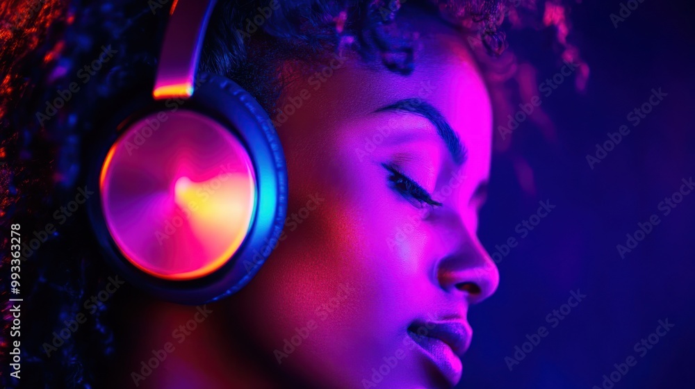 Close-up of a woman's face with headphones lit in neon pink and blue light. Close-up of a woman's face with headphones lit in neon pink and blue light.