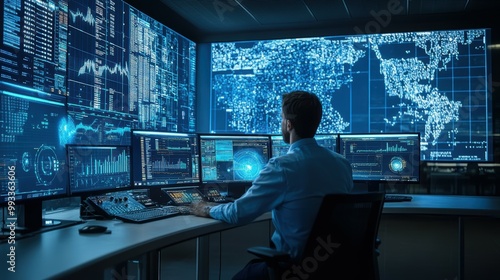 Comprehensive layout of a cutting-edge supply chain control tower, with real-time data visualizations, collaborative workflow tools, and predictive algorithms