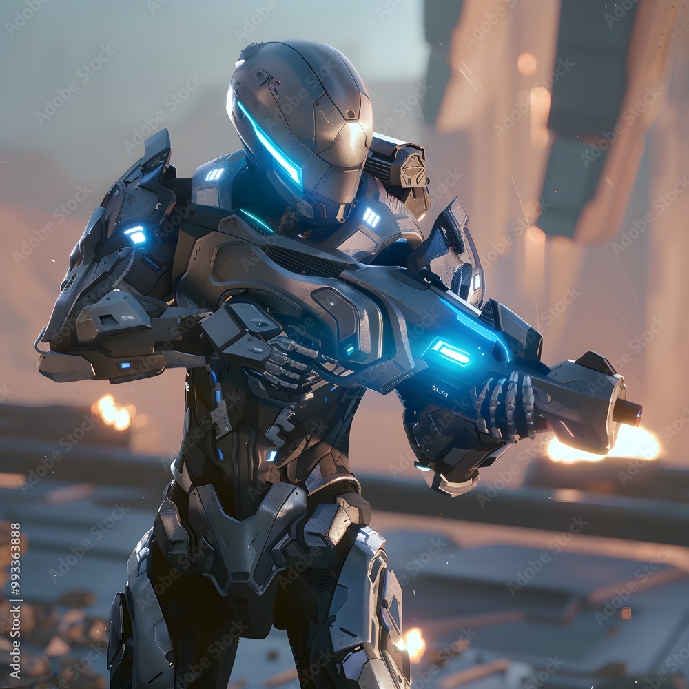 Futuristic Warrior in Sleek Metallic Armor with Glowing Blue Accents, Holding a Plasma Rifle, Standing on a Futuristic Battlefield Futuristic Warrior in Sleek Metallic Armor with Glowing Blue Accents, Holding a Plasma Rifle, Standing on a Futuristic Battlefield