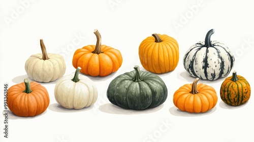 Diverse pumpkin illustrations featuring an array of colors and sizes ideal for autumn and harvest designs