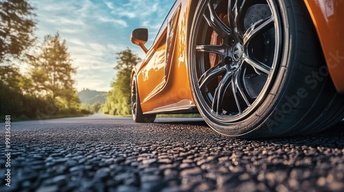 Close up of a shiny orange car on a black asphalt road with blurred trees and a blue sky in the background.