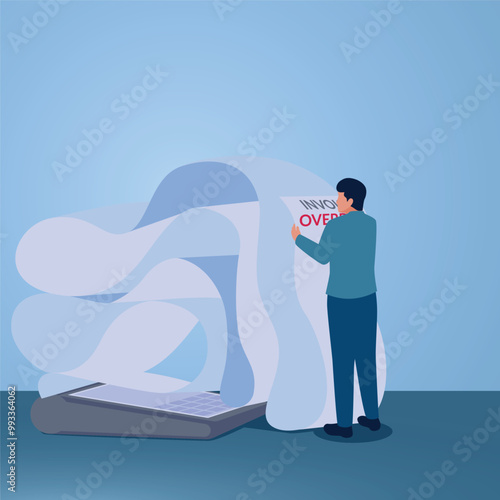 A man holding a rolled up bill, illustration of overdue bills, financial problems, budgeting failure, financial planning failure.