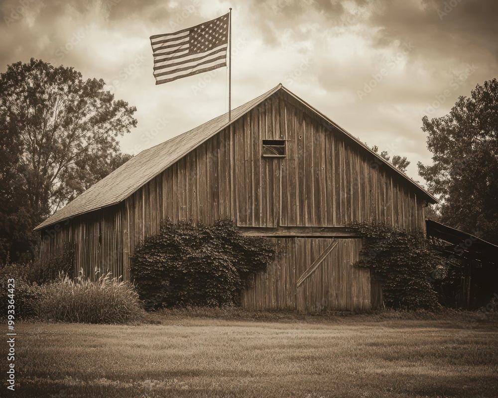 Old Wooden Barn with American Flag in Sepia Tone. Old Wooden Barn with American Flag in Sepia Tone.