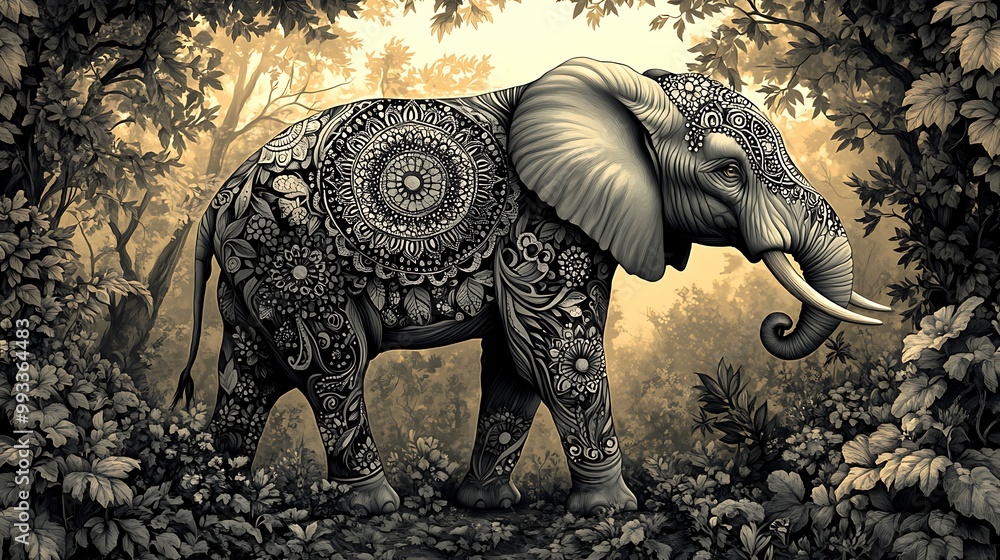 Fototapeta premium A majestic elephant adorned with intricate mandala patterns on its skin, standing in a vibrant jungle. The background features detailed trees and vines, with soft sunlight filtering through.