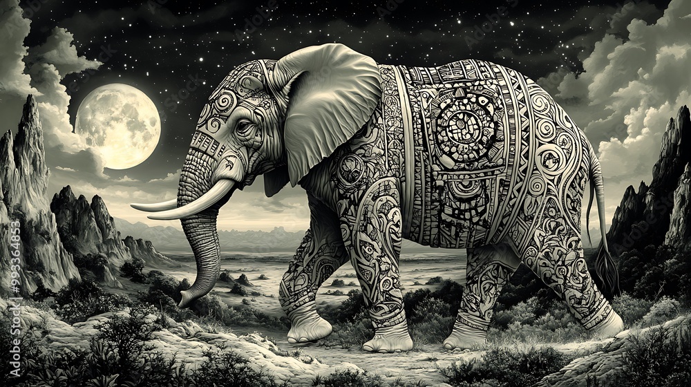 Fototapeta premium A majestic elephant adorned with intricate tribal patterns, walking through the open plains under a starry night sky. The moonlight illuminates its detailed patterns and the surrounding landscape.