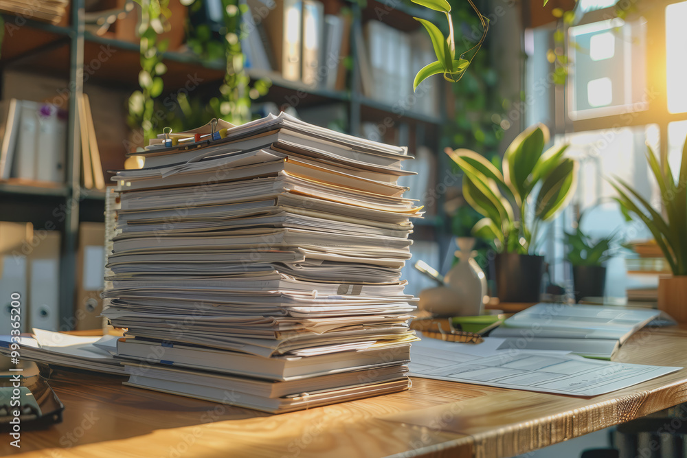 A bunch of documents on the desk in the minimalistic office. A bunch of documents on the desk in the minimalistic office.