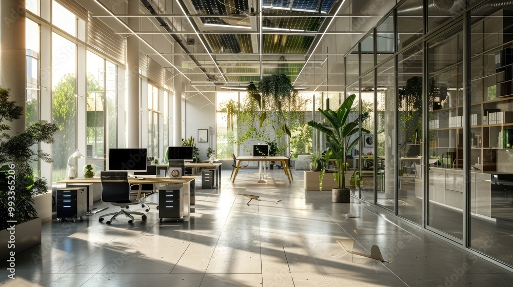 A stylish and trendy office with a renewable energy lab and advanced solar and wind technologies A stylish and trendy office with a renewable energy lab and advanced solar and wind technologies