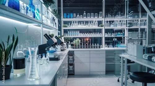 A stylish and trendy office with a molecular biology lab and genetic engineering