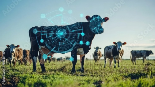 A black and white cow in a field with a futuristic blue digital design overlayed on its body.
