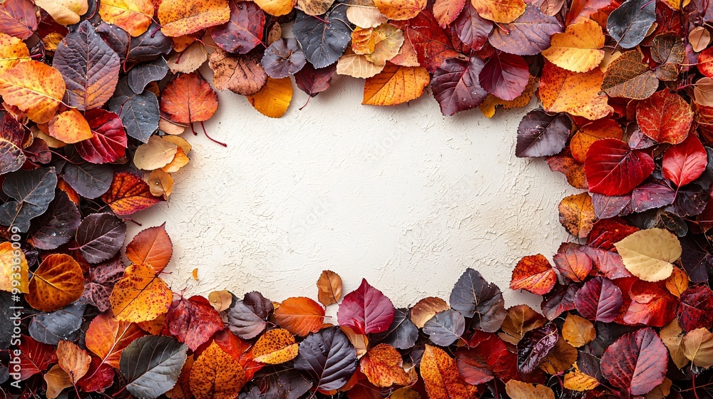 Vibrant autumn leaves frame a blank center, ideal for Thanksgiving and Halloween designs, inviting warmth for seasonal marketing materials.