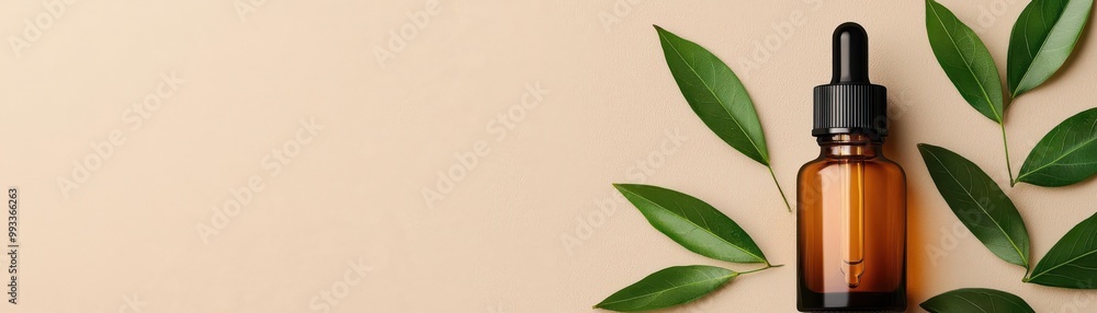 Elegant amber bottle with dropper surrounded by fresh green leaves, ideal for showcasing natural oils or skincare products. Elegant amber bottle with dropper surrounded by fresh green leaves, ideal for showcasing natural oils or skincare products.