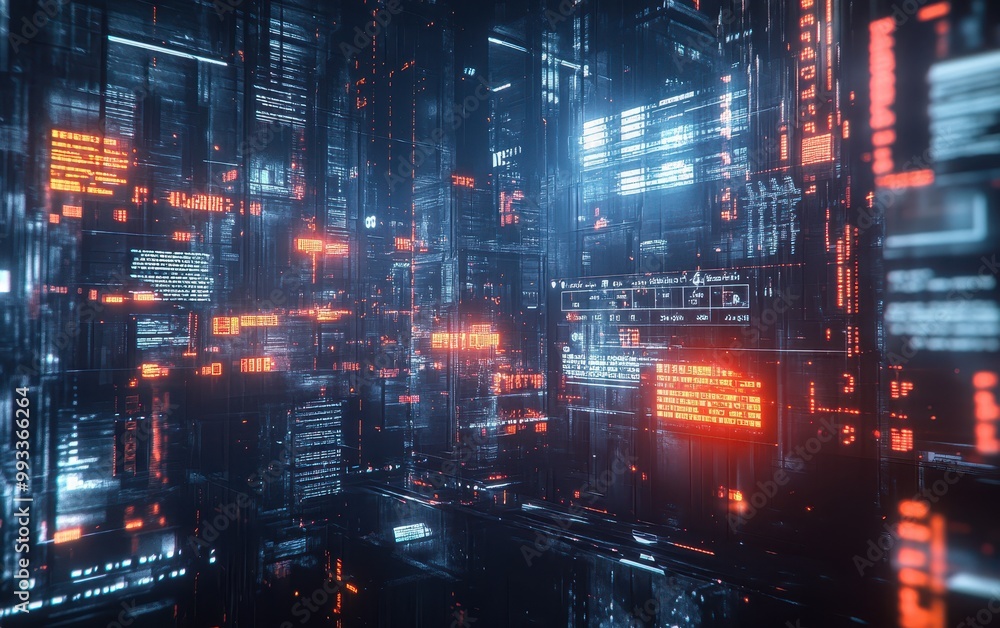 Futuristic Cityscape with Red and Blue Neon Lights, Abstract Digital Art, Sci-Fi City Background. Futuristic Cityscape with Red and Blue Neon Lights, Abstract Digital Art, Sci-Fi City Background.