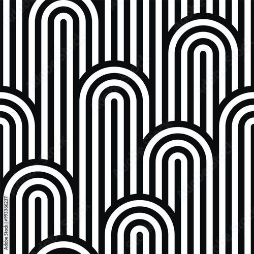 Modern abstract shapes monochrome seamless linear pattern with arches. Geometric textured. Scandinavian graphic print. Japanese, Chinese illustration for tile, wallpaper, carpet, rug. Retro design.
