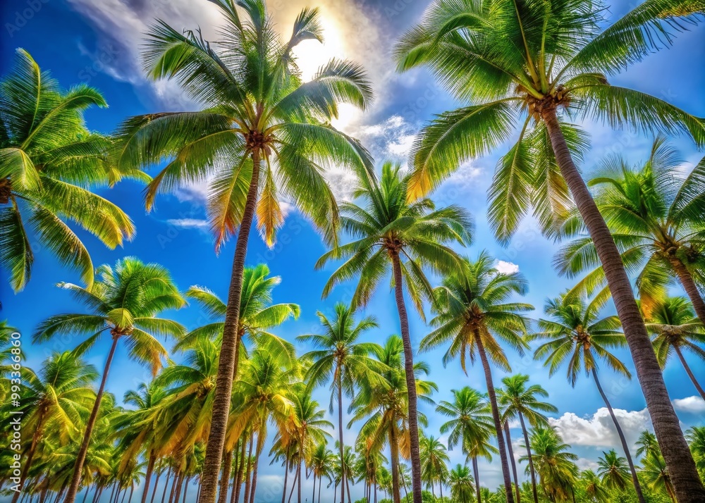 Lush Hawaiian Palm Trees Against a Clear Blue Sky on a Sunny Day in Paradise with Ocean View Lush Hawaiian Palm Trees Against a Clear Blue Sky on a Sunny Day in Paradise with Ocean View