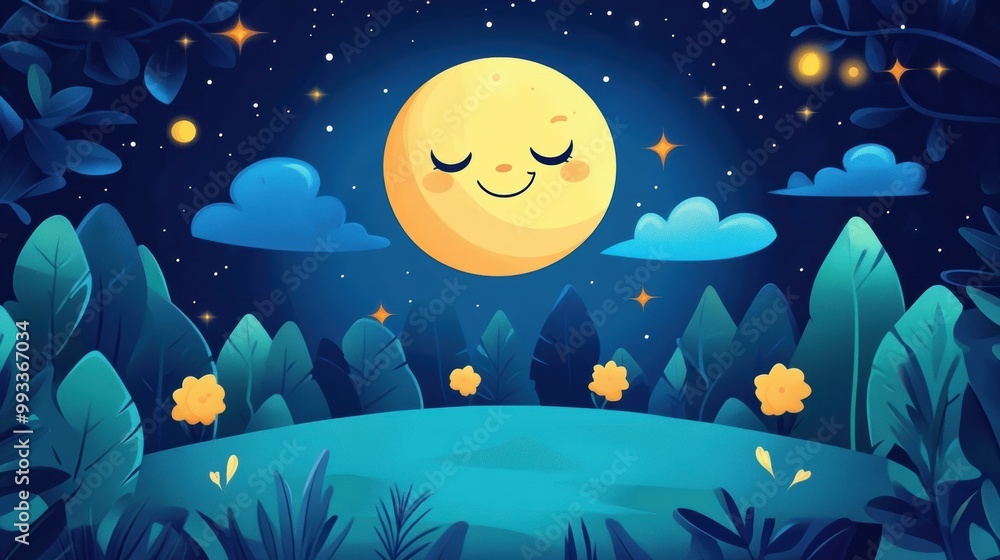 Smiling Moon Illustration, Cute Night Sky with Stars and Sleepy Forest, Fantasy,  Children's Illustration,  Night Time, Dreamy.