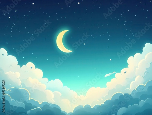 Dreamy Night Sky with Crescent Moon and Fluffy Clouds - Digital Illustration.