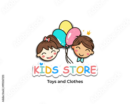 colorful kids logo design symbol with cute boy and girl kids illustration