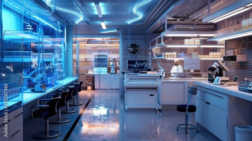 A stylish and trendy office with a molecular biology lab and genetic engineering