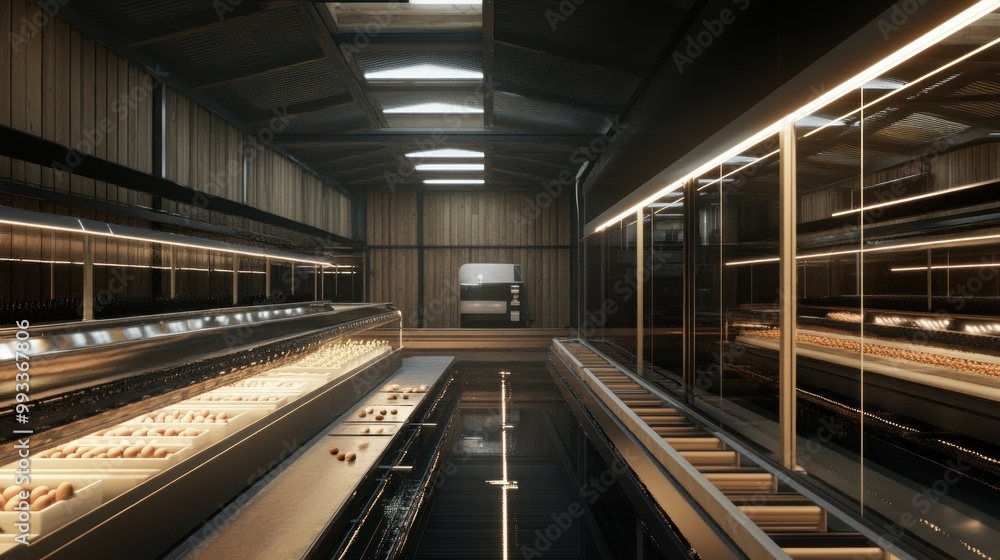 A modern and sleek interior design of an egg processing facility, showcasing rows of eggs in individual containers along a conveyor belt system, with a reflective floor and minimalist lighting. A modern and sleek interior design of an egg processing facility, showcasing rows of eggs in individual containers along a conveyor belt system, with a reflective floor and minimalist lighting.