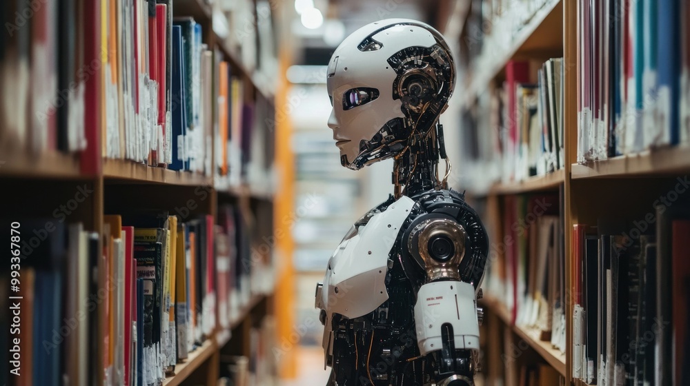 A humanoid robot stands in a library, surrounded by bookshelves. A humanoid robot stands in a library, surrounded by bookshelves.
