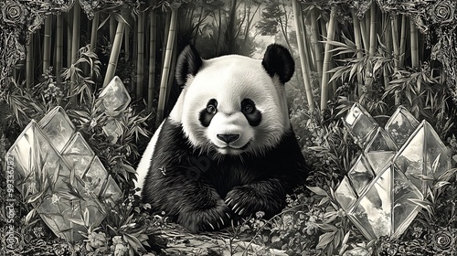 A panda in a bamboo forest, surrounded by geometric shapes made of translucent glass. The natural setting contrasts with the sharp edges and reflective surfaces of the geometric designs, photo