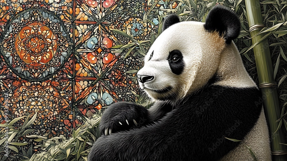 Fototapeta premium A panda leaning against bamboo, surrounded by floating geometric shapes in vibrant colors. The shapes reflect light and create dynamic patterns around the serene,